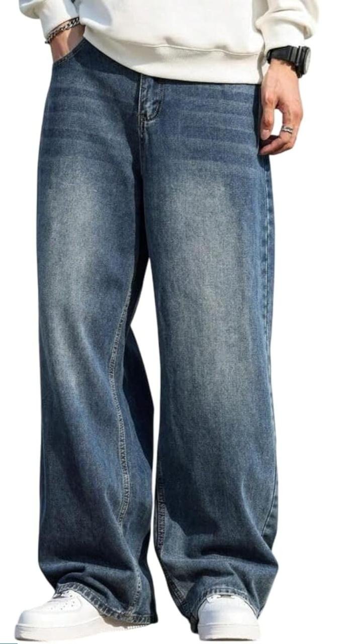 Men's Dark Blue Baggy Jeans - 100% Cotton Denim