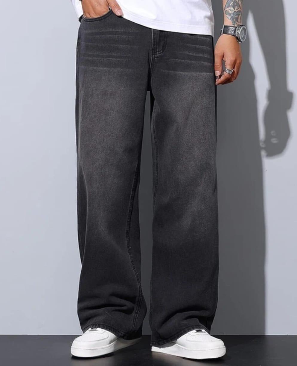 Men’s Black Faded Baggy Jeans – 100% Cotton Denim